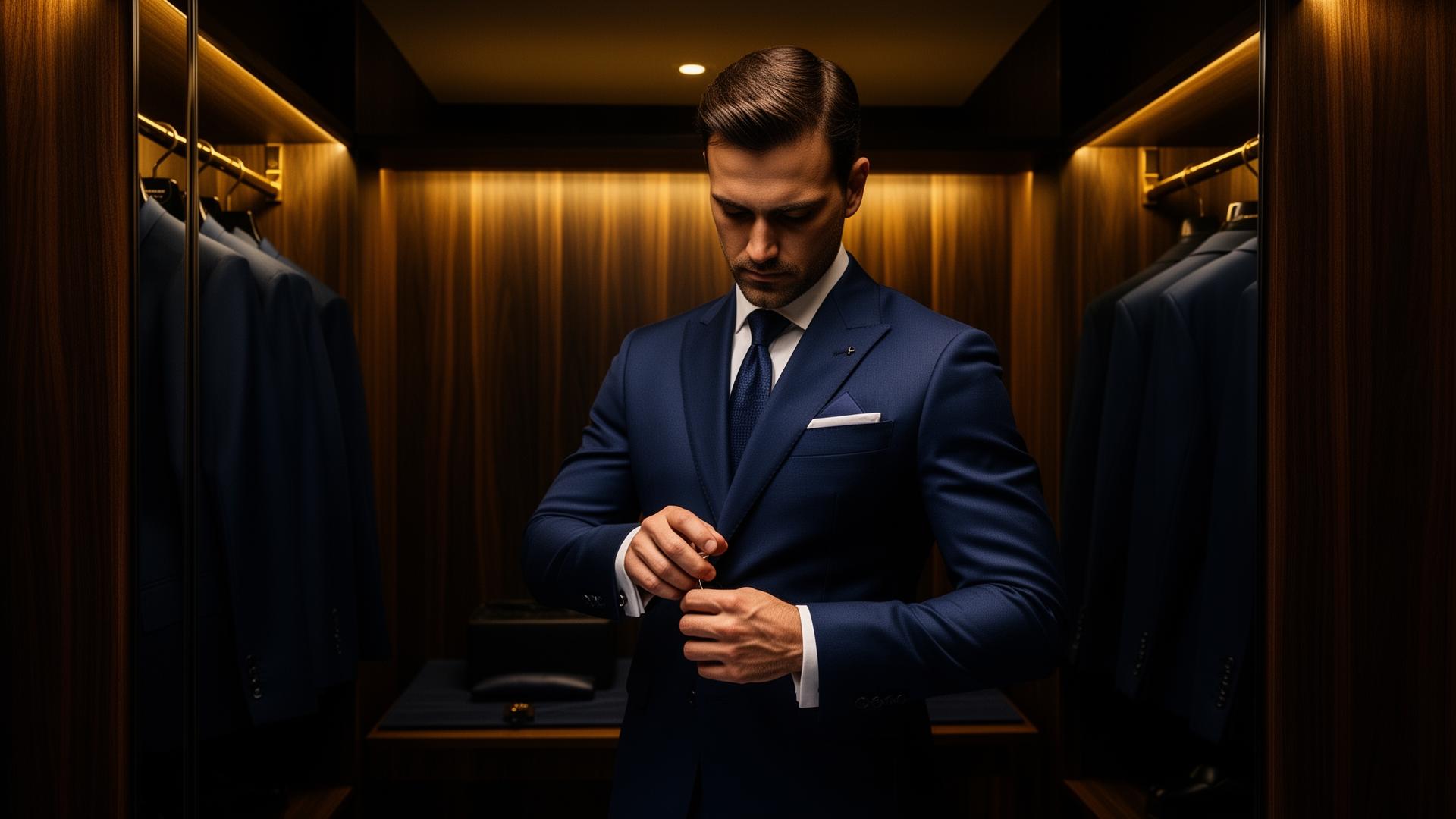 Navy suit in a warmly lit wardrobe at Executive Man