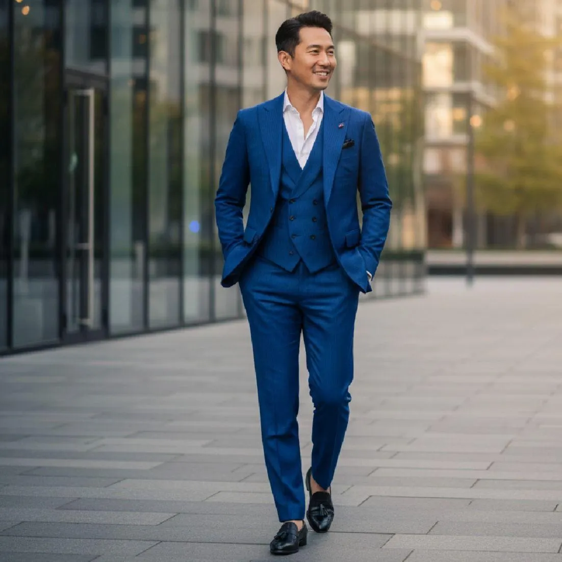 Royal blue three-piece suit