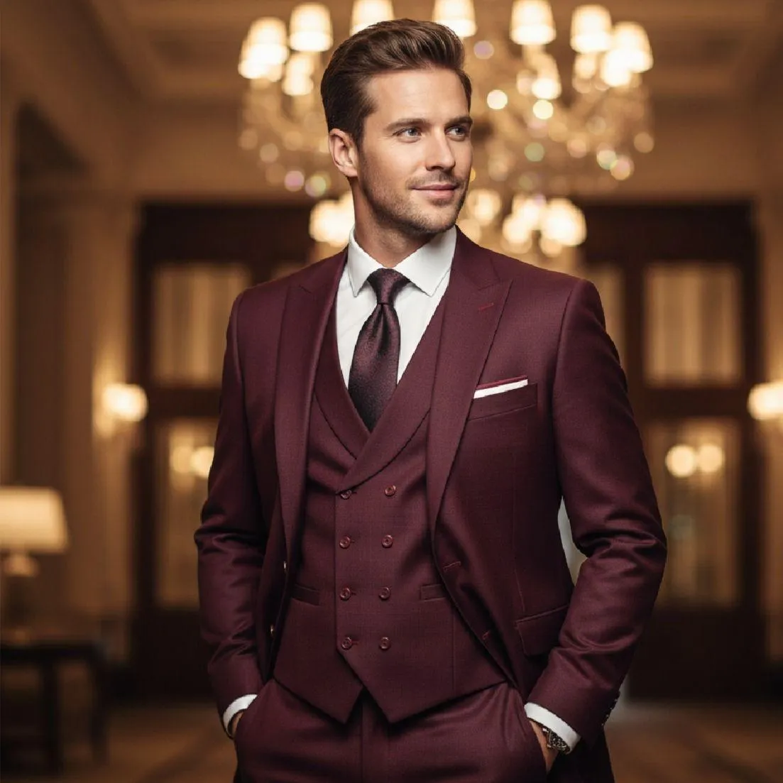 Burgundy three-piece tuxedo in a ballroom