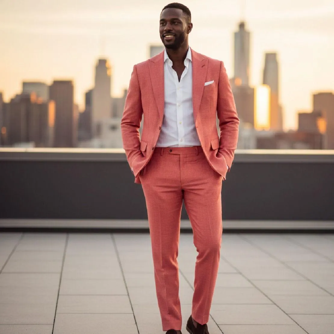 Coral suit against a city skyline